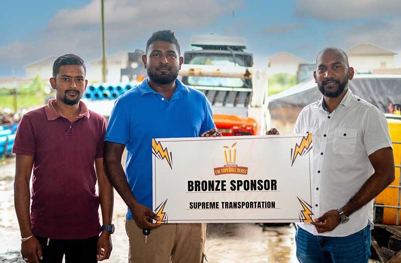 From left: Faiaz Baksh, Pooranlall Balchand and Yusuf Ali of One Guyana T10 Tapeball Blast