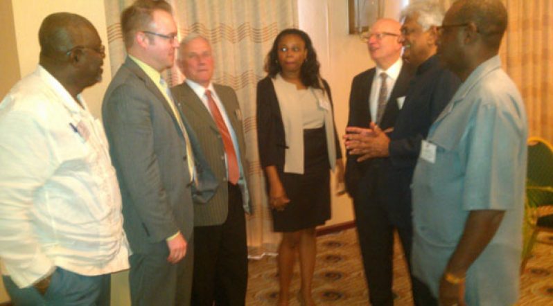 DELIAN MEET: Standing (from left) are Mr. Keith Lowenfield, Deputy Chief Election Officer (ag); Mr. Allan Best, DELIAN Managing Director;  Mr. John Hollins, Chairman of the DELIAN Board of Directors; Ms. Juanita Barker, GECOM Legal Officer;  Mr. Jean-Pierre Kingsley, Chairman of the DELIAN Advisory Board; Dr. Steve Surujbally, GECOM Chairman; and Mr. Calvin Benn, GECOM Chief Election Officer (ag)
