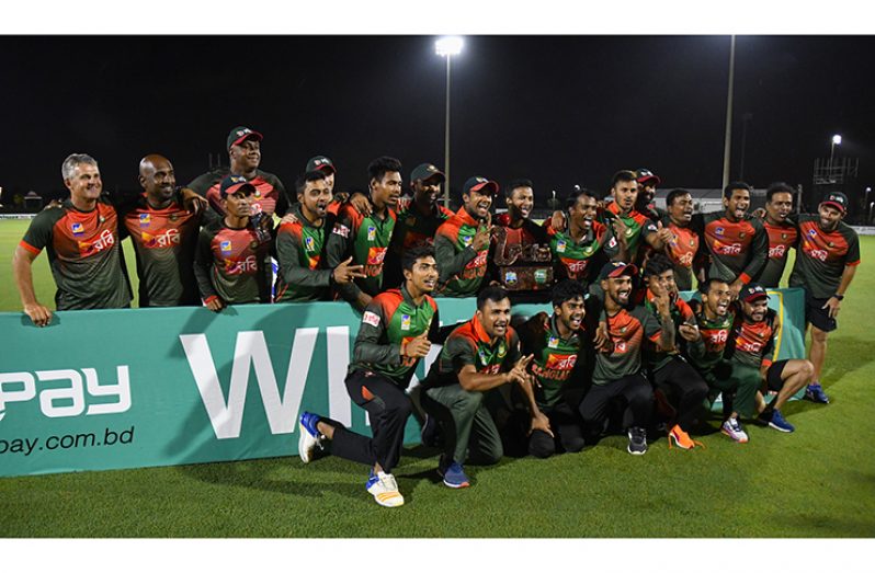 The Bangladesh team celebrate their T20  series victory  over West Indies in Florida, Sunday night. (CWI Media/Randy Brooks of Brooks Latouche Photography.)