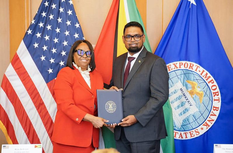 President, Dr Irfaan Ali and President and Chair of the US Export-Import (EXIM) Bank, Reta Jo Lewis, following the signing of the monumental US$2 billion agreement in Washington DC (Office of the President photos)