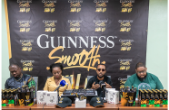 Banks DIH Limited’s Guinness Brand Executive, Jeoff Clement; Competition Coordinator Richard Francios known as DJ Big Z; Brand Supervisor Joel Ward, and Communication Executive, Sonya Forrester, at Thursday’s launch of the Guinness Smooth Pull Up DJ Skillset Competition (Delano Williams photos)