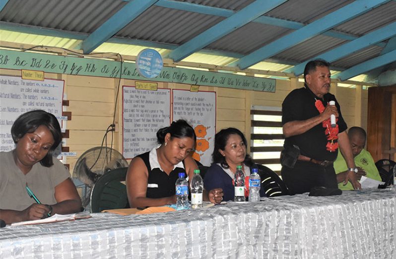 Vice-President and Minister of Indigenous Peoples’ Affairs, Sydney Allicock, as he addressed the residents of Baramita on Friday (MoIPA photo)