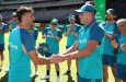 Xavier Bartlett is handed his T20 cap by Marcus Stoinis