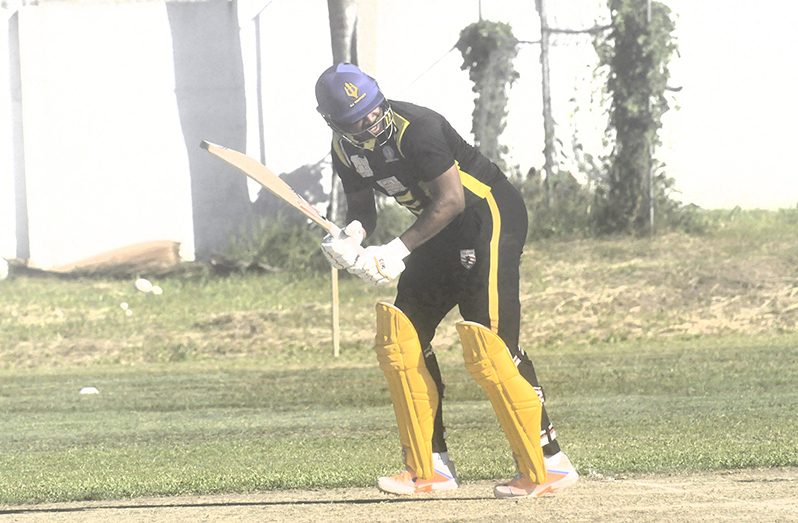 Man of the Match Chris Barnwell hits a boundary during 95-run stand with Raymond Perez at DCC yesterday
