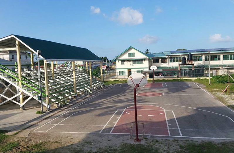 The Basketball court and newly-constructed stand at the modern sports complex in Bartica