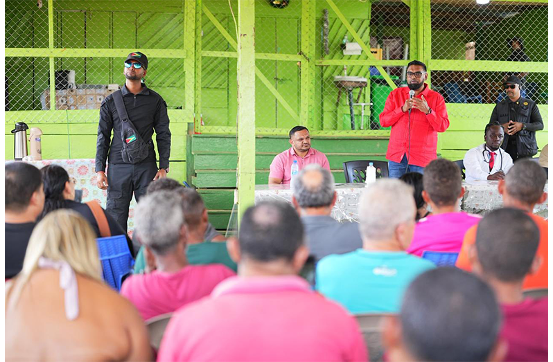 President Dr Irfaan Ali addressing scores of miners and stakeholders in the hinterland community last week