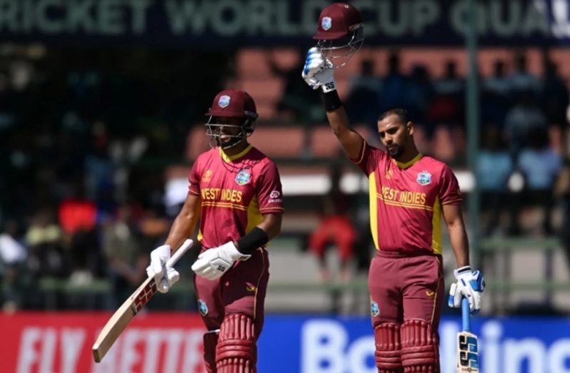 West Indies ODI captain, Shai Hope (left) and senior batter, Nicholas Pooran, added 216 runs for the fourth wicket : Hope hitting 132 and Pooran 115 (ICC via Getty Images)