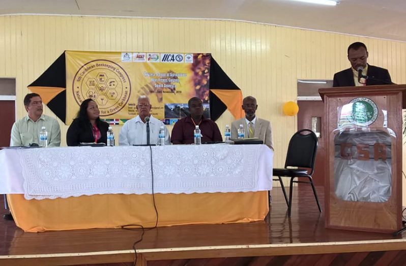 At the opening of the congress here on Monday. Seated from left are: IICA’s Wilmot Garnett; Ministry of Business’s Safrana Cameron; Agriculture Minister Noel Holder; GLDA’s Dexter Lyken; and ACBO’s Gladstone Solomon. At the podium is GAS Chairman, Neil Grant