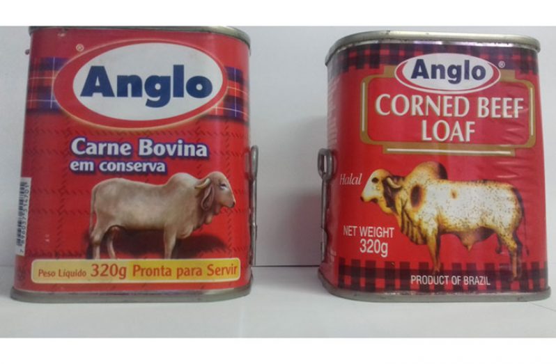 An incorrectly labelled tin of corned beef on the left and the acceptable tin on the right