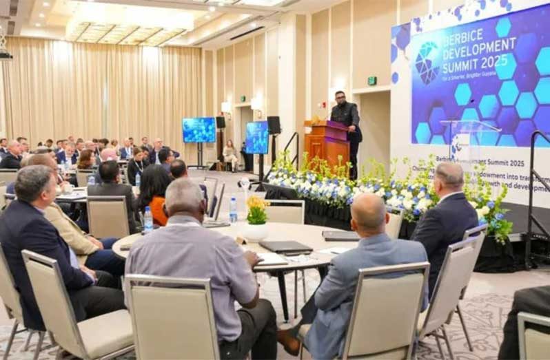 President, Dr Mohamed Irfaan Ali speaks at the opening of the Berbice Development Summit at the Guyana Marriott Hotel on Tuesday