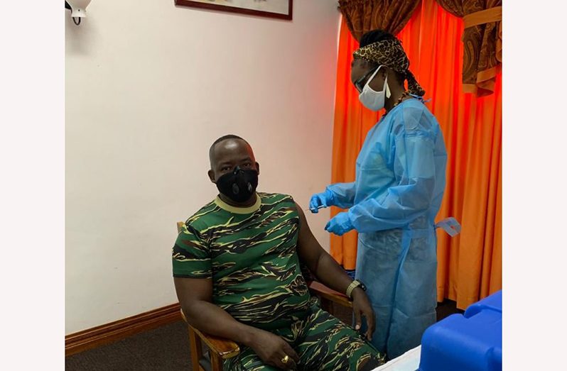 Chief-of-Staff (ag), Brigadier Godfrey Bess receives his second dose of the COVID-19 vaccine
