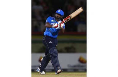 Bhanuka Rajapaksa, of St. Lucia Kings, hits four runs during the Republic Bank Caribbean Premier League T20 match between Guyana’s Amazon Warriors and St. Lucia Kings at the Providence Stadium on September 14, 2023 in Georgetown,