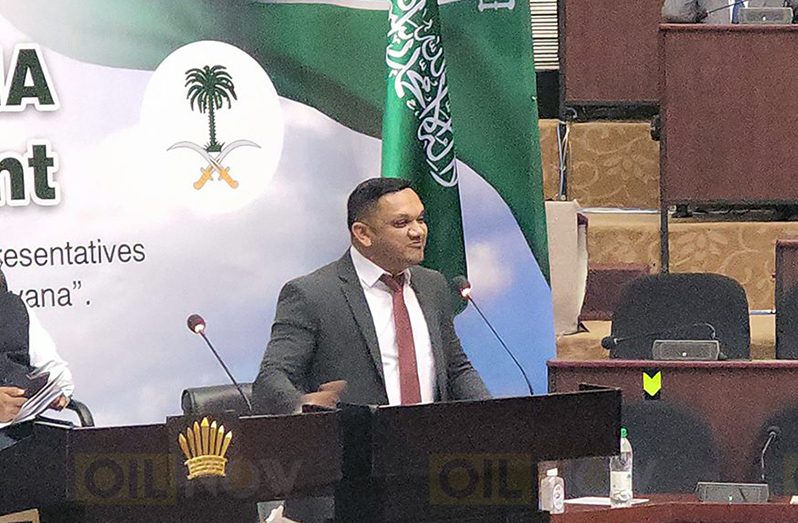 Minister of Natural Resources Vickram Bharrat speaking at a forum held on Saturday, June 9, 2022, in Georgetown, Guyana, for a visiting delegation of investors from Saudi Arabia. (Photo credit: OilNOW)