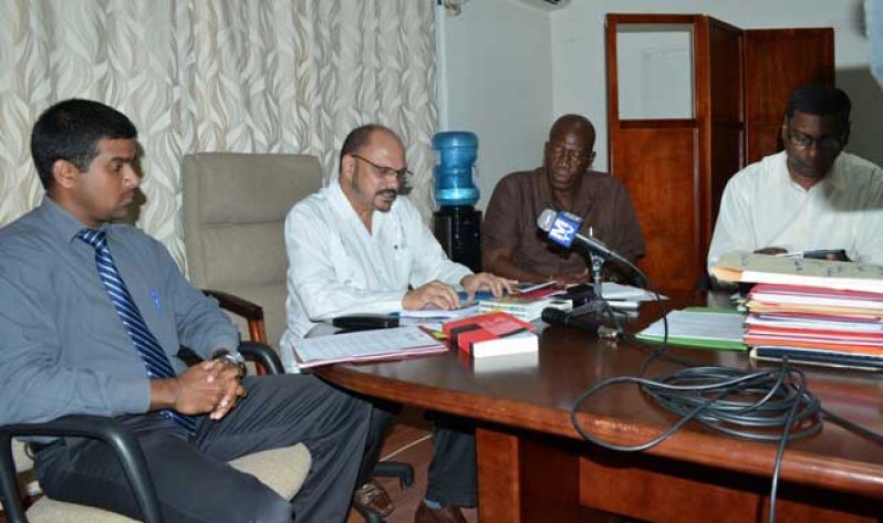 ‘MEDIA UPDATE’: From left, Head of Vector Control Services, Dr. Reyaud Rahman; Minister of Health, Dr. Bheri Ramsaran; Health Ministry’s Permanent Secretary, Mr.  Leslie Cadogan and   Chief Medical Officer, Dr. Shamdeo Persaud