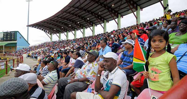 West Indies fans on the edge of their seats on Sunday during their team’s 6-wicket loss to Australia at the Guyana National Stadium. (Photo by WICB Media/Randy Brooks of Brooks Latouche Photography)
