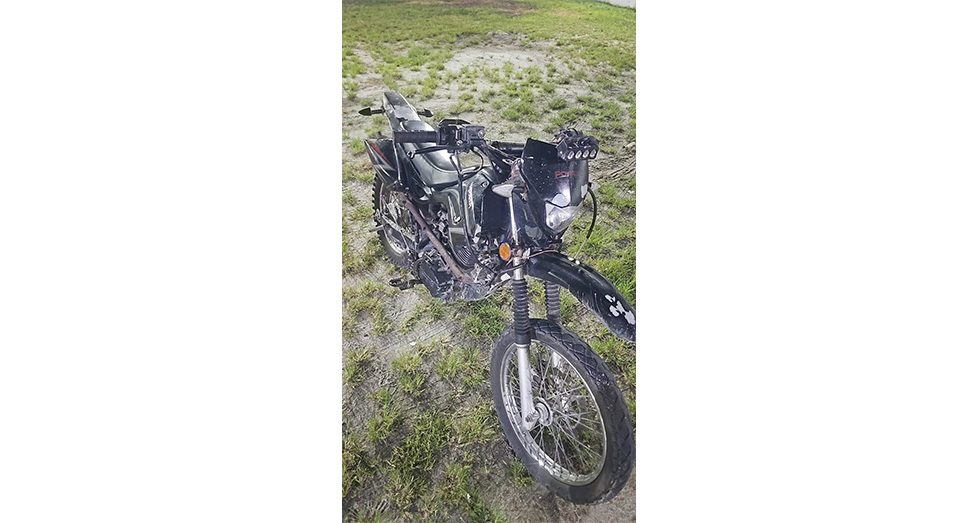 The motorcycle involved in Wednesday night’s fatal crash on the Elisa Public Road, Essequibo Coast
