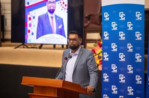 President Dr. Mohamed Irfaan Ali delivering remarks at the Arthur Chung Conference Centre (DPI photos)