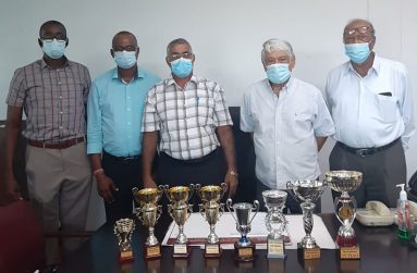 Lusignan Golf Club members at the launch of the Birthday Classic, from left - Paton George, Hardeo Ganpat, Pandit Ravindranauth Persaud, Robert Hanoman and Maurice Solomon