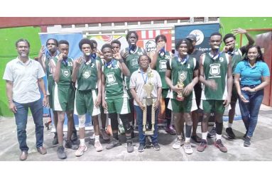 The Bishops High School with their U18 title flanked by coach Debra Soloman (center) Brand manager Malisa Jeffers (right)and YBG Director Riyad Boyce (left)