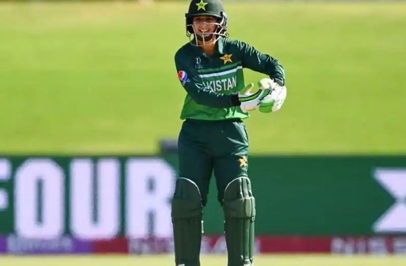 Pakistan captain Bismah Maroof celebrates following her half-century versus Australia in the current women’s World Cup