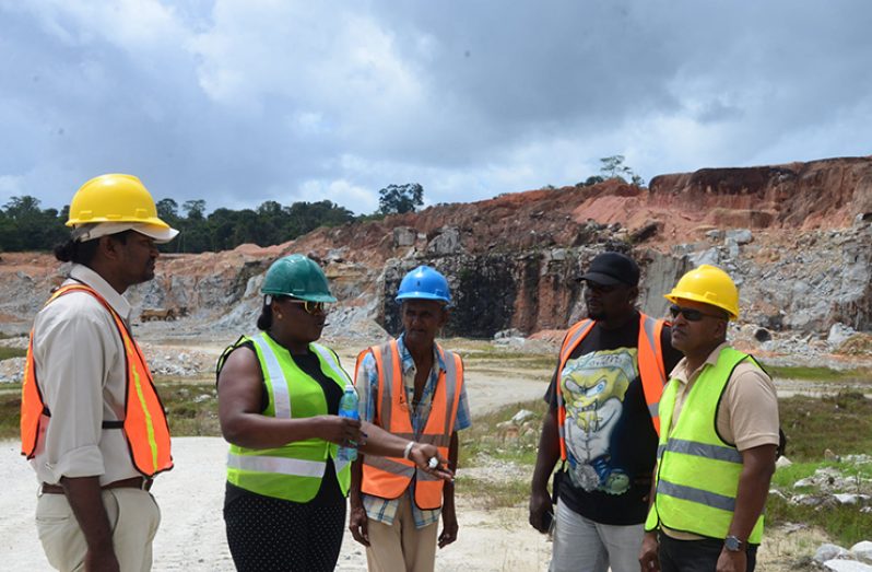 Minister within the Ministry of Natural Resources, Simona Broomes, speaks with workers of BK Quarry, Saturday (Delano Williams photo)