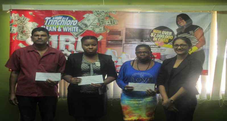 From right - TRINCHLORO Brand Manager Padma Prashad, Winners: Nicole Rodrigues, Coretta Culley and Amar Nauth Bhojan.