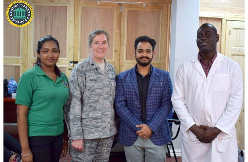 (From left to right) Nalini Deodat, Vice-President, Student Governing Association; Lt Col Jessica Hughes, Director, Air Force Blood Programme;  Sourav Mohanty, President, Student Governing Association; Dr. Pedro Lewis Director of National Blood Bank at the blood drive