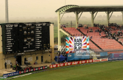 An electronic screen was temporarily installed for the 2007 ICC Cricket World Cup at the Guyana National Stadium. Its forced location made it almost impossible for spectators in the Mound or Orange Stand to view. (Getty Images)