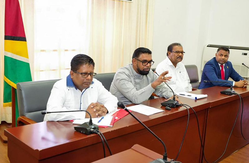 President Dr Irfaan Ali (second from left) along with Finance Minister, Dr Ashni Singh (first from left), Minister within the Ministry of Local Government, Anand Persaud (second from right) and Minister within the Ministry of Public Works, Deodat Indar (first from right)