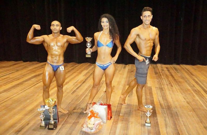 From left: Overall winner Sudarshanand Persaud, Ms Bikini Diciula De Sousa and Men’s Physique winner Tariq Dakhil