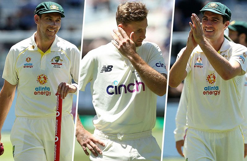 From left: Scott Boland, Joe Root and Pat Cummins