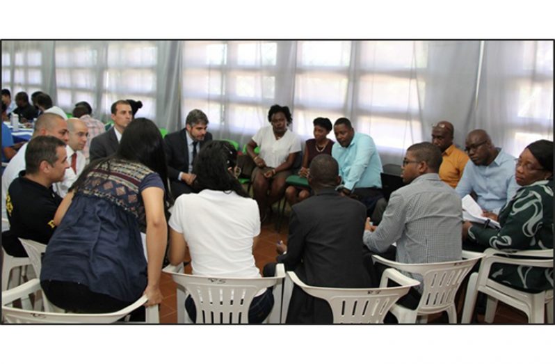 Breakout group discussions, including discussions on human trafficking, during the Guyana Brazil Frontier Committee Meeting in Bonfim, State of Roraima, Brazil.