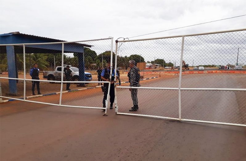 Brazil's military police at a gate along the highway linking Lethem with BomFin.
The gate was closed today in accordance with an order made by the Brazilian government.