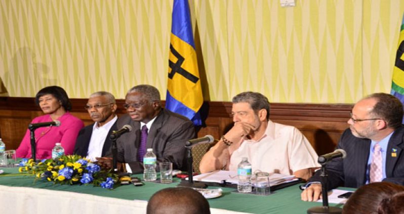 At Saturday’s press conference at the close of the 36th Regular Meeting of the Conference of Heads of Government of the Caribbean Community (CARICOM). Seated from left are: Jamaica’s Prime Minister Portia Simpson-Miller; Guyana’s President David Granger; Barbados’ Prime Minister Freundel Stuart; St Vincent and the Grenadines’ Prime Minister Ralph Gonsalves; and CARICOM Secretary-General, Ambassador Irwin LaRocque