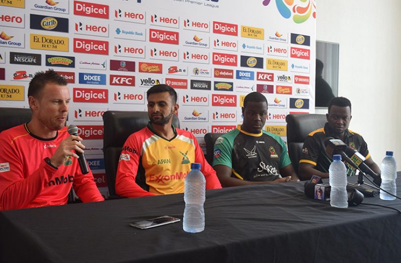 Guyana Amazon Warriors head coach Johan Botha makes a point at yesterday’s pre-match press conference. He shared the head table with Shoaib Malik, Donavon Miller and West Indies T20 captain Carlos Brathwaite.