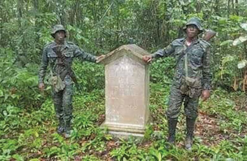 Guyana Defence Force ranks beside a boundary marker established back in the 1800s during a demarcation exercise to define the border between Guyana and its north-western neighbour, Venezuela. The marker, which was rediscovered recently, is on Guyana’s side of the border in Region One, in the Barima-Waini area