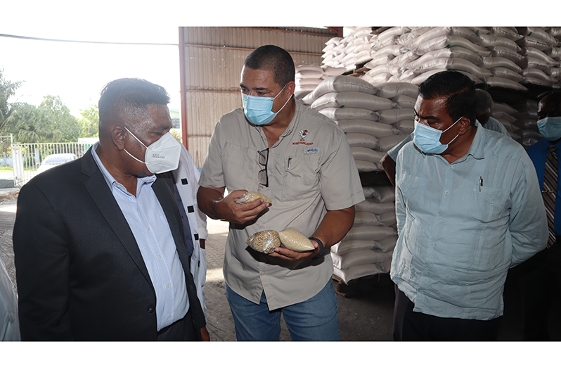 Bounty Farm Limited’s Assistant Managing Director, David Fernandes during a discussion with Minister of Agriculture, Zulfikar Mustapha and Director-General of the Ministry of Agriculture, Madanlall Ramraj