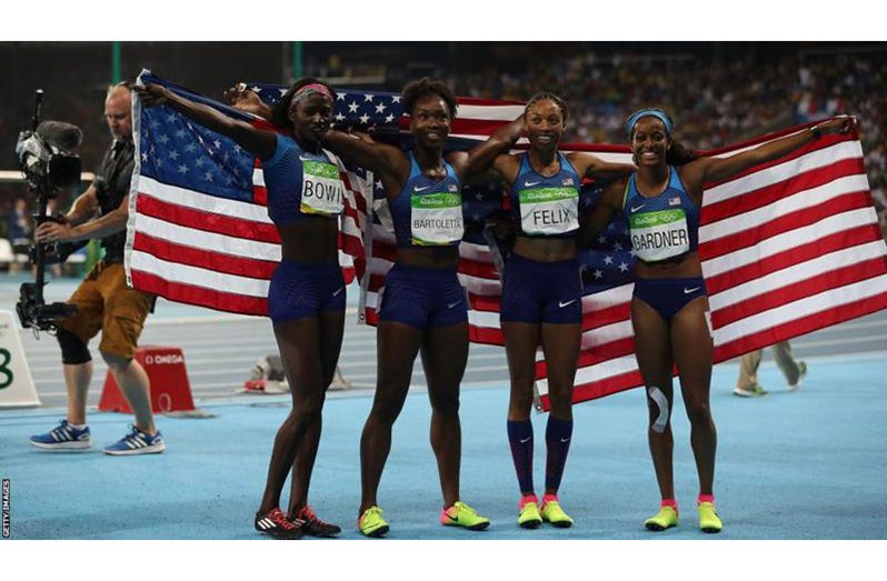 Tori Bowie (left) died during childbirth while gold medal-winning team-mates Tianna Madison (formerly Bartoletta, second left)) and Allyson Felix (third left) had life-threatening complications