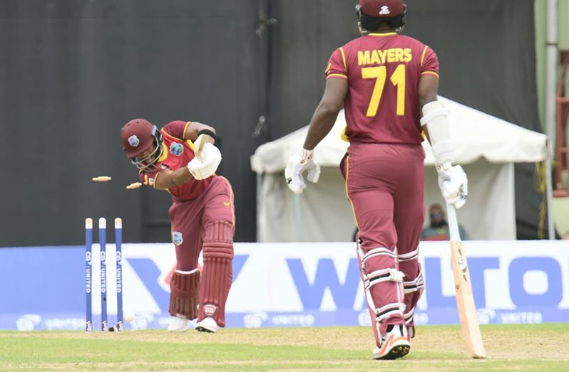 West Indies opener Shai Hope is comprehensively bowled off the first delivery (Adrian Narine Photo)