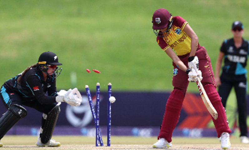 Shunelle Sawh of West Indies is bowled by Anna Browning during Thursday’s game. (Photo courtesy ICC Media)