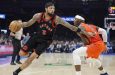Brandon Ingram drives around Thunder guard, Luguentz Dort, in the Raptors' win Sunday