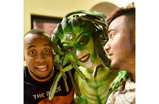 Steve Douglas (left) with model, Stacy Ramcharan in Bravo’s creation, ‘Medusa’