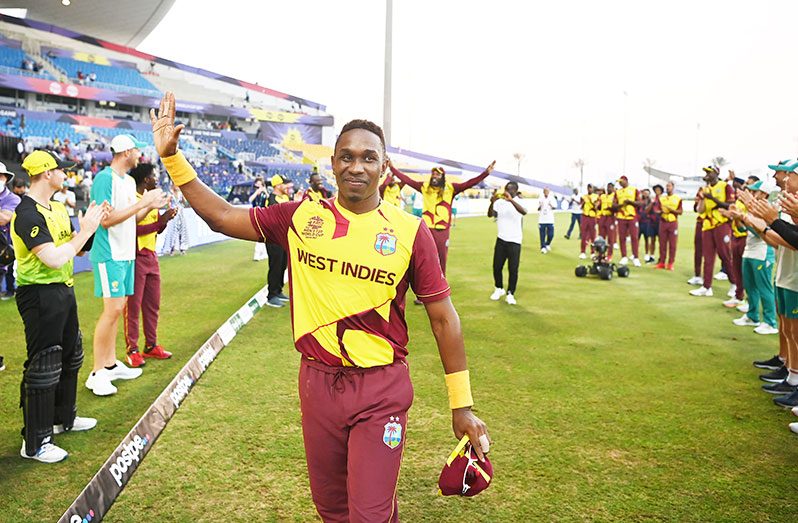 Dwayne Bravo is given a guard of honour as he takes the field for the final time for West Indies yesterday.