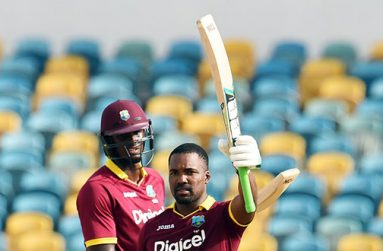 Darren Bravo celebrates his third ODI century. The left-hander struck 12 fours and four sixes during his 102 off 103 balls., West Indies v South Africa, ODI tri-series, Bridgetown, June 24, 2016