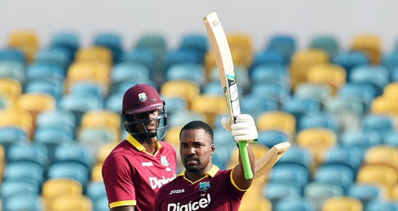 Darren Bravo celebrates his third ODI century. The left-hander struck 12 fours and four sixes during his 102 off 103 balls., West Indies v South Africa, ODI tri-series, Bridgetown, June 24, 2016