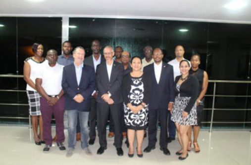 The Guyana Delegation to Brazil:  Minister of Business, Dominic Gaskin (front row, second left), Guyana’s Ambassador to Brazil, George Talbot (Second right) stand with Brazil’s Ambassador to Guyana, Lineu Pupo de Paula (left)
