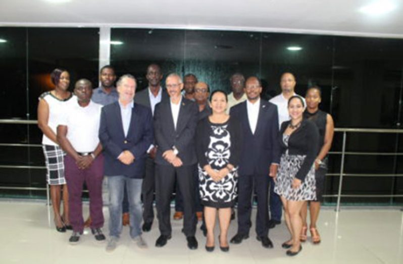 The Guyana Delegation to Brazil:  Minister of Business, Dominic Gaskin (front row, second left), Guyana’s Ambassador to Brazil, George Talbot (Second right) stand with Brazil’s Ambassador to Guyana, Lineu Pupo de Paula (left)
