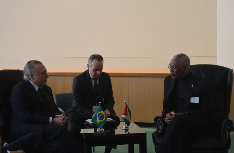 President David Granger and Brazil’s President, Michel Temer, engaging in bilateral talks on the margins of the UN General Debate on Wednesday