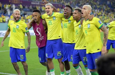 Brazil's (from left) Neymar, Eder Militao, Pedro, Vinicius Jr, Raphinha, Rodrygo and Richarlison celebrating their 4-1 World Cup last-16 victory against Korea Republic at Stadium 974 in Doha Qatar on December 5 2022.