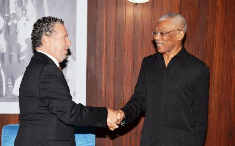 President David Granger greets Brazil's Ambassador to Guyana, His Excellency, Lineu Pupo De Paula, during a courtesy call at the Ministry of the Presidency.
